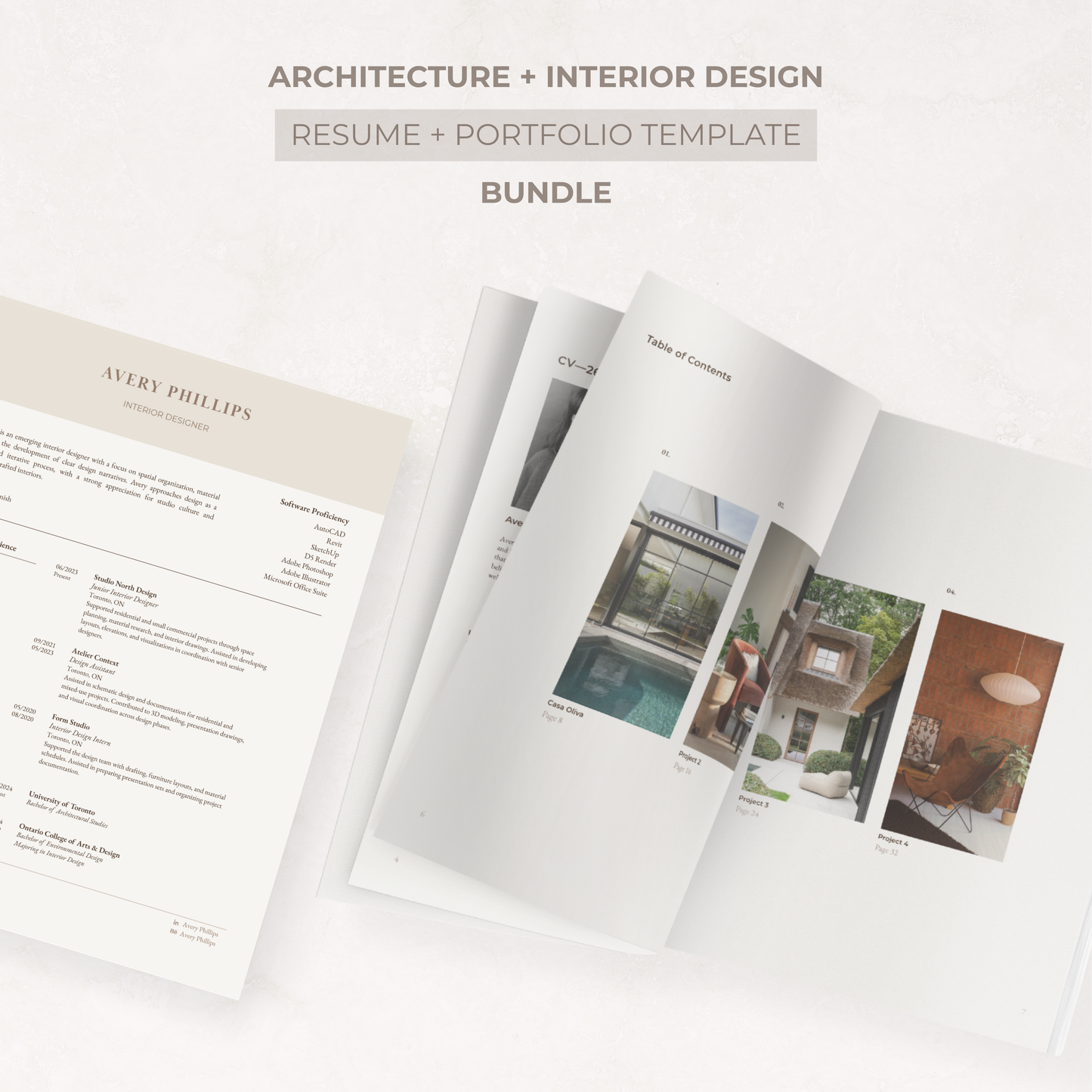 Interior design and architecture Canva bundle featuring a professional resume template, cover letter, references, portfolio template, studio application guide, and customizable layouts.