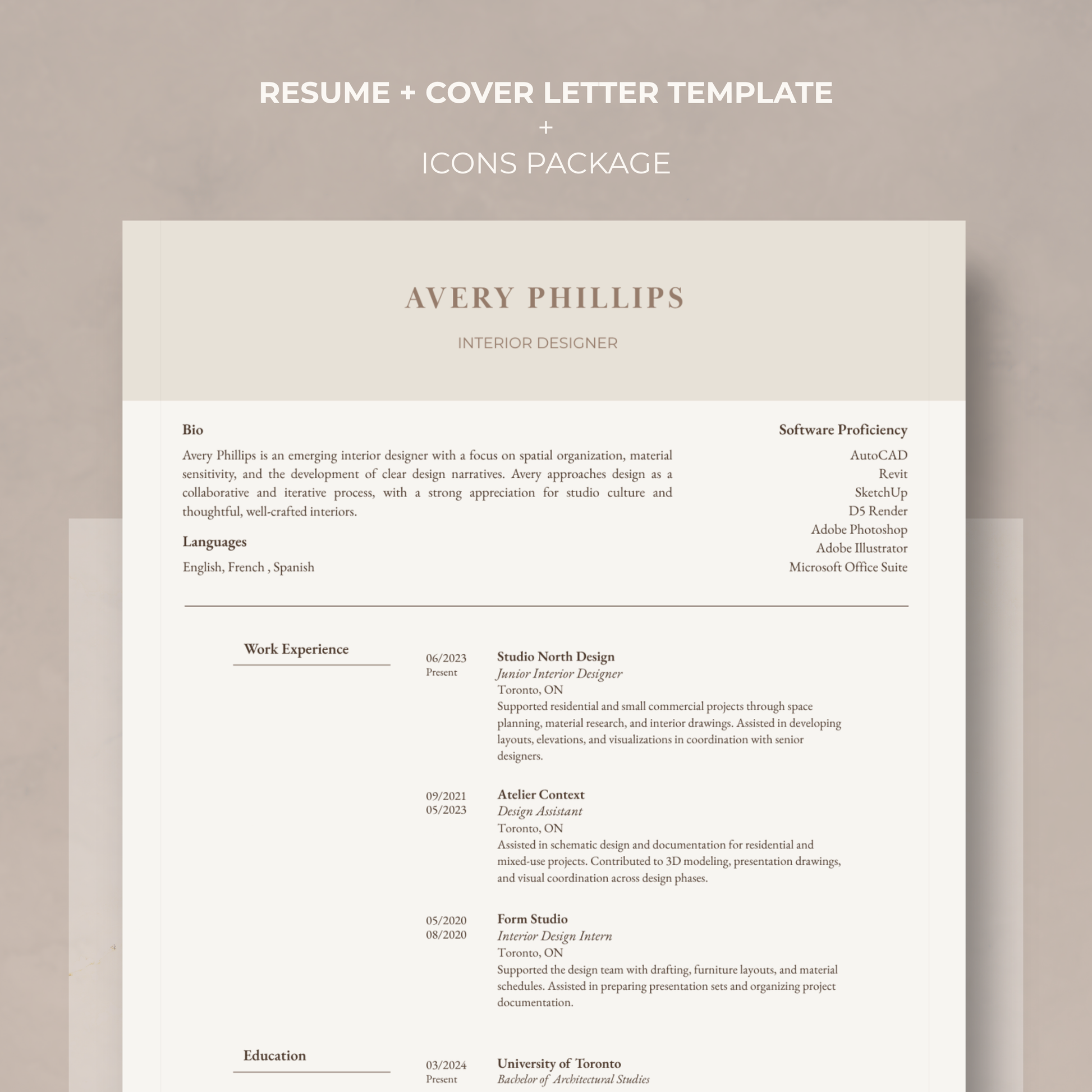 Canva resume, cover letter and references template for interior design and architecture students featuring a clean, professional editorial layout.