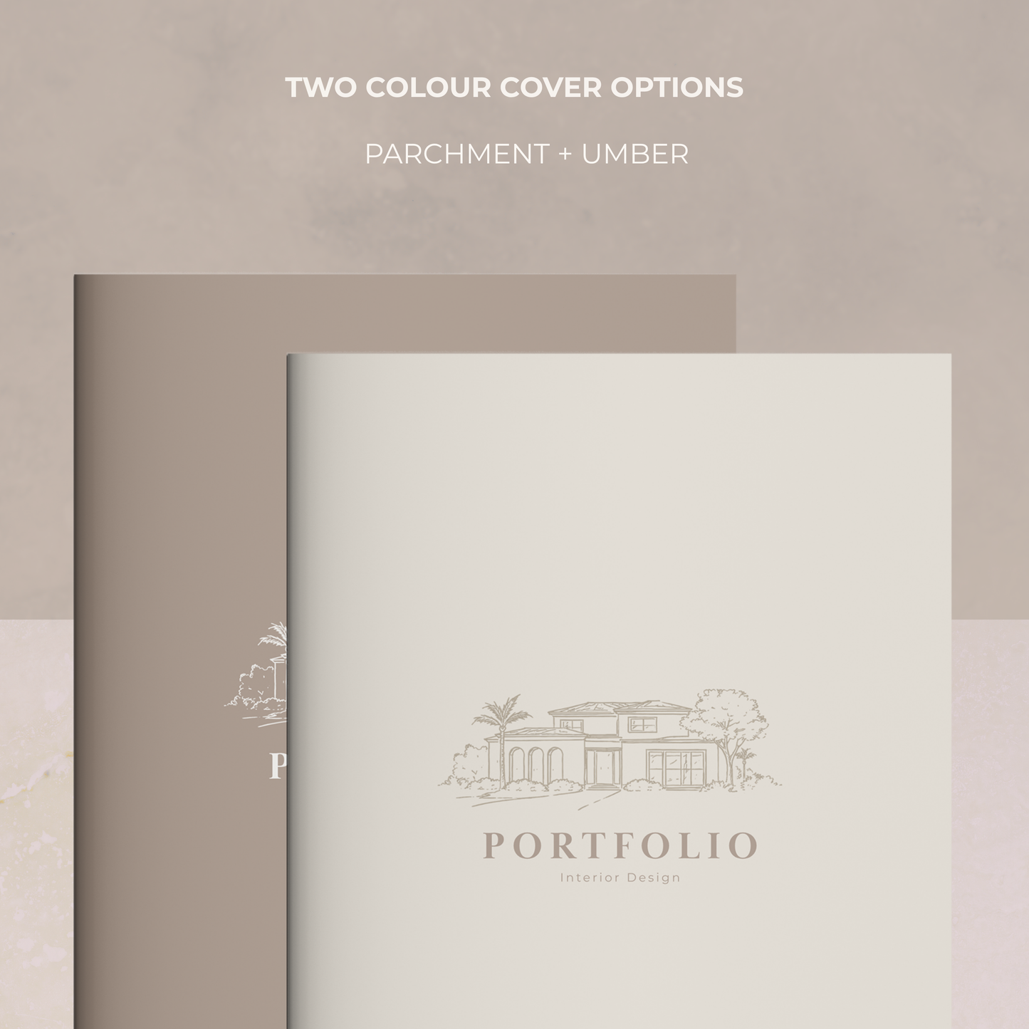 Design portfolio with 'Portfolio Interior Design' logo on a beige background, featuring two color cover options: parchment and umber.