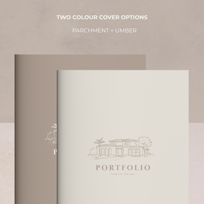 Design portfolio with 'Portfolio Interior Design' logo on a beige background, featuring two color cover options: parchment and umber.