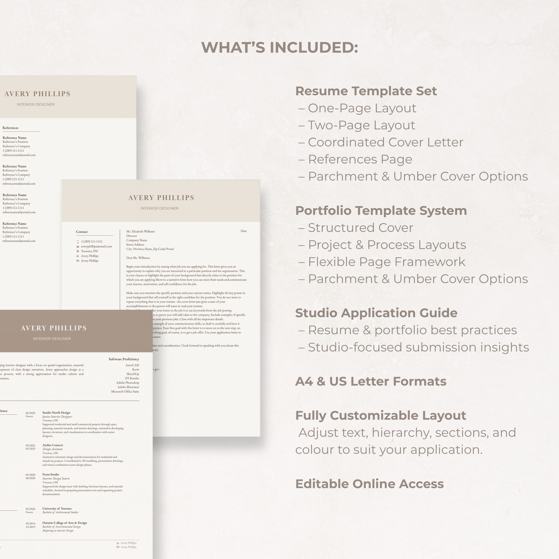 Interior design and architecture Canva bundle featuring a professional resume template, cover letter, references, portfolio template, studio application guide, and customizable layouts.