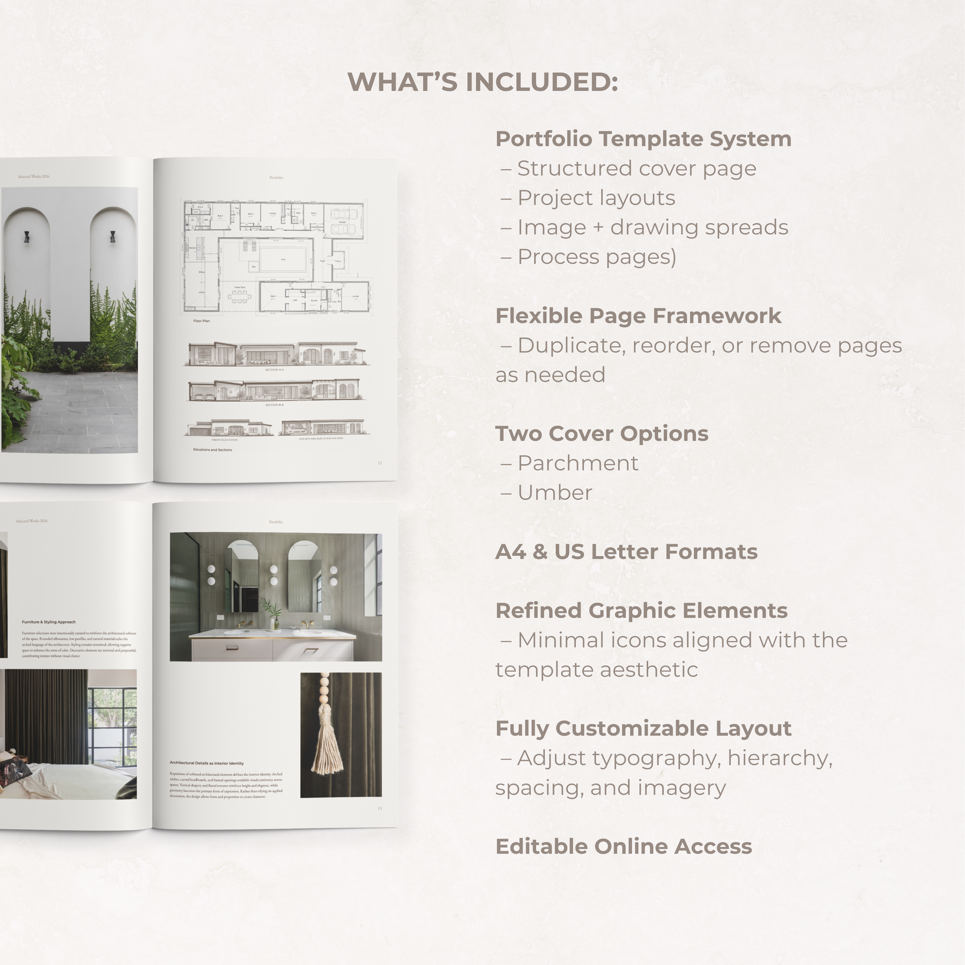 Interior design and architecture portfolio template showing editable project layouts, drawing spreads, image pages, and customizable portfolio features in Canva.