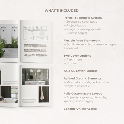 Interior design and architecture portfolio template showing editable project layouts, drawing spreads, image pages, and customizable portfolio features in Canva.