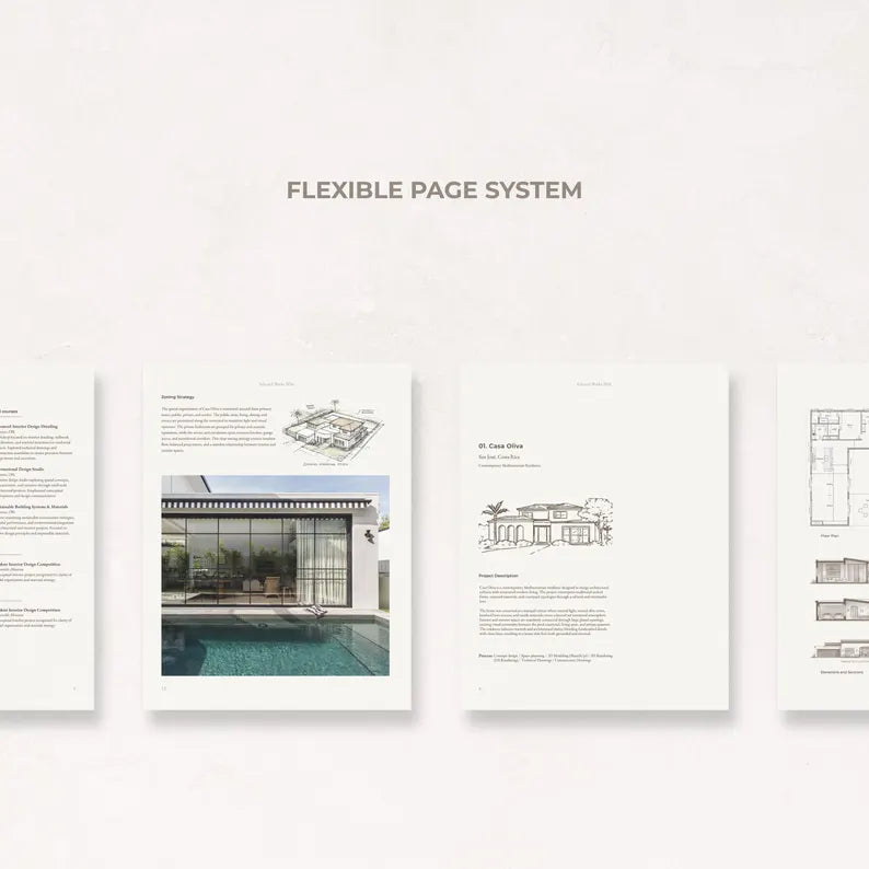 Canva architecture and interior design portfolio template featuring flexible project page layouts, presentation spreads, architectural drawings, floor plans, and customizable portfolio pages for students and emerging designers.
