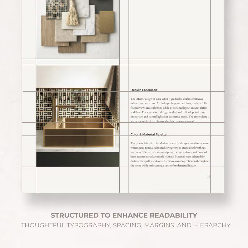 Canva interior design and architecture portfolio template featuring professional editorial layouts, typography hierarchy, material palettes, project photography, and presentation pages designed for student portfolios.