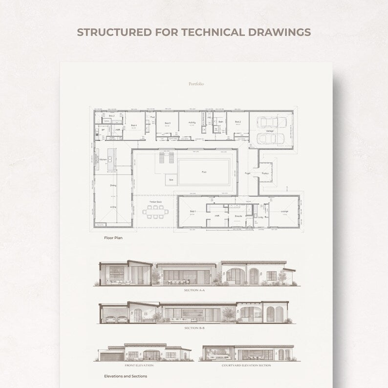 Canva architecture and interior design portfolio template featuring flexible project page layouts, presentation spreads, architectural drawings, floor plans, and customizable portfolio pages for students and emerging designers.